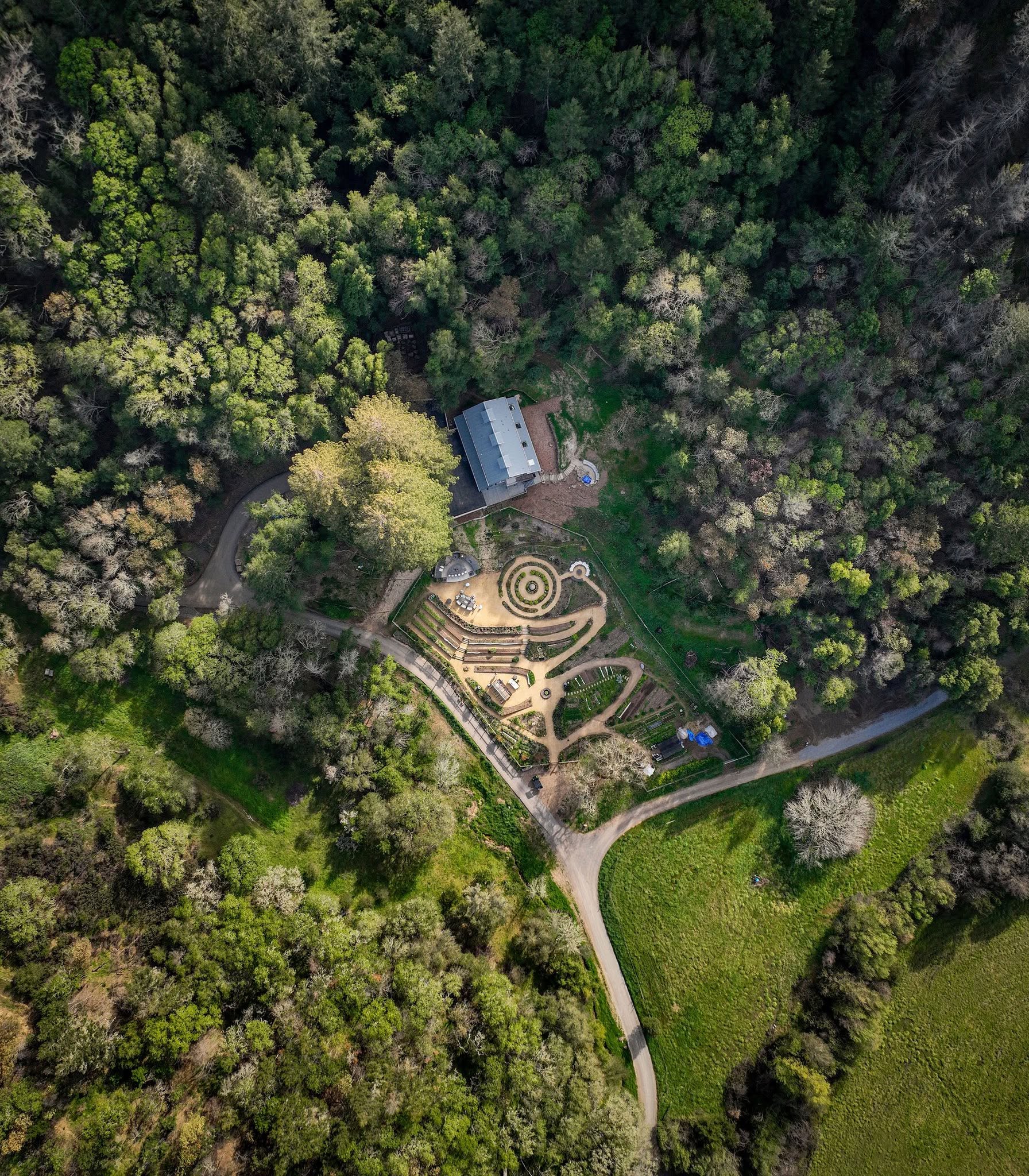 Aerial view of terraced garden and winding paths